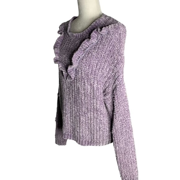 Love at First Sight Chenille Knit Sweater L Purple Dropped Shoulder Ruffle - Picture 3 of 6